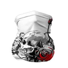 Бандана-труба 3D с принтом Череп с розами в Курске, 100% полиэстер, ткань с особыми свойствами — Activecool | плотность 150‒180 г/м2; хорошо тянется, но сохраняет форму | готика | кровь | розы | череп | черно белое | шипы