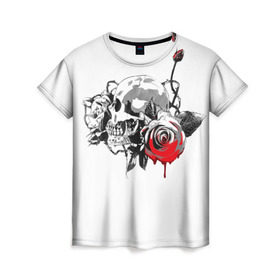Женская футболка 3D с принтом Череп с розами в Курске, 100% полиэфир ( синтетическое хлопкоподобное полотно) | прямой крой, круглый вырез горловины, длина до линии бедер | готика | кровь | розы | череп | черно белое | шипы