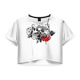 Женская футболка 3D укороченная с принтом Череп с розами в Курске, 100% полиэстер | круглая горловина, длина футболки до линии талии, рукава с отворотами | готика | кровь | розы | череп | черно белое | шипы