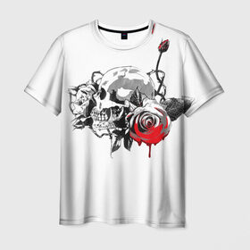 Мужская футболка 3D с принтом Череп с розами в Курске, 100% полиэфир | прямой крой, круглый вырез горловины, длина до линии бедер | готика | кровь | розы | череп | черно белое | шипы