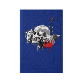 Обложка для паспорта матовая кожа с принтом Череп с розами в Курске, натуральная матовая кожа | размер 19,3 х 13,7 см; прозрачные пластиковые крепления | готика | кровь | розы | череп | черно белое | шипы