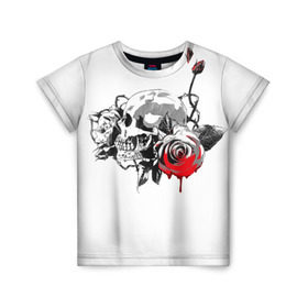 Детская футболка 3D с принтом Череп с розами в Курске, 100% гипоаллергенный полиэфир | прямой крой, круглый вырез горловины, длина до линии бедер, чуть спущенное плечо, ткань немного тянется | готика | кровь | розы | череп | черно белое | шипы