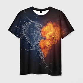 Мужская футболка 3D с принтом Water and flames heart в Курске, 100% полиэфир | прямой крой, круглый вырез горловины, длина до линии бедер | вода | огонь огонь и вода | пар | прикольное | разное | сердце
