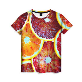 Женская футболка 3D с принтом Цитрус в Курске, 100% полиэфир ( синтетическое хлопкоподобное полотно) | прямой крой, круглый вырез горловины, длина до линии бедер | апельсин | фрукты | цитрус