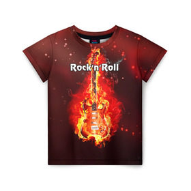 Детская футболка 3D с принтом Rock`n`Roll в Курске, 100% гипоаллергенный полиэфир | прямой крой, круглый вырез горловины, длина до линии бедер, чуть спущенное плечо, ткань немного тянется | rocknroll | гитара | музыка | рок