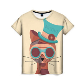 Женская футболка 3D с принтом Steampunk Cat в Курске, 100% полиэфир ( синтетическое хлопкоподобное полотно) | прямой крой, круглый вырез горловины, длина до линии бедер | кот | коты | кошки | стимпанк