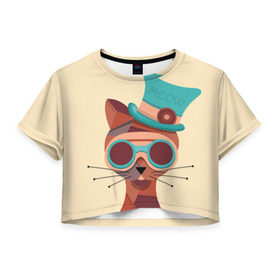 Женская футболка 3D укороченная с принтом Steampunk Cat в Курске, 100% полиэстер | круглая горловина, длина футболки до линии талии, рукава с отворотами | кот | коты | кошки | стимпанк