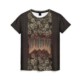 Женская футболка 3D с принтом Doom classik 2 в Курске, 100% полиэфир ( синтетическое хлопкоподобное полотно) | прямой крой, круглый вырез горловины, длина до линии бедер | заклепки | метал | череп