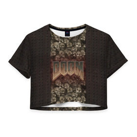 Женская футболка 3D укороченная с принтом Doom classik 2 в Курске, 100% полиэстер | круглая горловина, длина футболки до линии талии, рукава с отворотами | заклепки | метал | череп