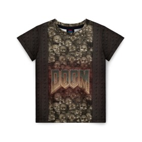 Детская футболка 3D с принтом Doom classik 2 в Курске, 100% гипоаллергенный полиэфир | прямой крой, круглый вырез горловины, длина до линии бедер, чуть спущенное плечо, ткань немного тянется | заклепки | метал | череп