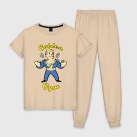 Женская пижама хлопок с принтом Fallout golden gym в Курске, 100% хлопок | брюки и футболка прямого кроя, без карманов, на брюках мягкая резинка на поясе и по низу штанин | 
