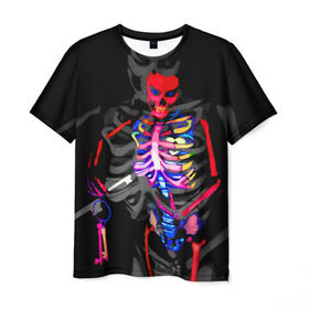 Мужская футболка 3D с принтом Скелет в Курске, 100% полиэфир | прямой крой, круглый вырез горловины, длина до линии бедер | Тематика изображения на принте: bodyart | faceart | helloween | аквагрим | боди арт | бодиарт | замок | ключ | неоновый | свет | сердце | скелет | фейсарт | хэллоуин | череп