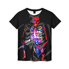 Женская футболка 3D с принтом Скелет в Курске, 100% полиэфир ( синтетическое хлопкоподобное полотно) | прямой крой, круглый вырез горловины, длина до линии бедер | bodyart | faceart | helloween | аквагрим | боди арт | бодиарт | замок | ключ | неоновый | свет | сердце | скелет | фейсарт | хэллоуин | череп