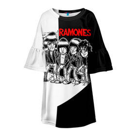 Детское платье 3D с принтом Ramones 1 в Курске, 100% полиэстер | прямой силуэт, чуть расширенный к низу. Круглая горловина, на рукавах — воланы | Тематика изображения на принте: joey ramone | punk | джоуи рамон | панк | рамонез | рамонес