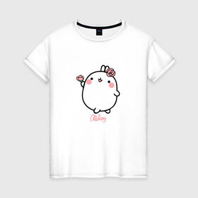 Женская футболка хлопок с принтом Кролик Моланг (цветы) в Курске, 100% хлопок | прямой крой, круглый вырез горловины, длина до линии бедер, слегка спущенное плечо | molang | каваи | кролик | моланг | няша | цветы