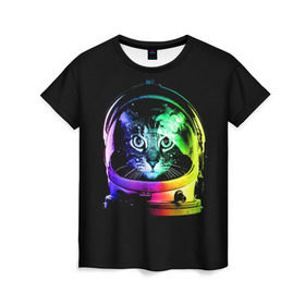 Женская футболка 3D с принтом Кот космонавт в Курске, 100% полиэфир ( синтетическое хлопкоподобное полотно) | прямой крой, круглый вырез горловины, длина до линии бедер | астронавт | звезды | космокот | космонавт | космос | кот | радуга