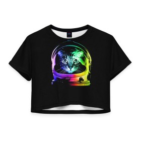 Женская футболка 3D укороченная с принтом Кот космонавт в Курске, 100% полиэстер | круглая горловина, длина футболки до линии талии, рукава с отворотами | астронавт | звезды | космокот | космонавт | космос | кот | радуга