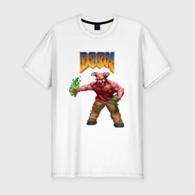 Мужская футболка премиум с принтом Минотавр (Doom) пиксель-арт в Курске, 92% хлопок, 8% лайкра | приталенный силуэт, круглый вырез ворота, длина до линии бедра, короткий рукав | 
