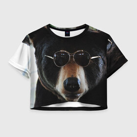 Женская футболка 3D укороченная с принтом Медведь в очках в Курске, 100% полиэстер | круглая горловина, длина футболки до линии талии, рукава с отворотами | животное | медведь | новая | очки | природа | стильная