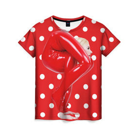 Женская футболка 3D с принтом Гибкость в Курске, 100% полиэфир ( синтетическое хлопкоподобное полотно) | прямой крой, круглый вырез горловины, длина до линии бедер | белый | германия | гибкость | горошек | девушка | красный | латекс | юлия гюнтель