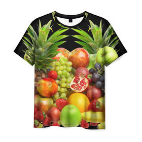 Мужская футболка 3D с принтом Фрукты в Курске, 100% полиэфир | прямой крой, круглый вырез горловины, длина до линии бедер | Тематика изображения на принте: ананас | апельсин | арбуз | банан | виноград | гранат | груша | клубника | фрукты | яблоко | ягоды