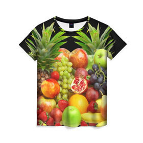 Женская футболка 3D с принтом Фрукты в Курске, 100% полиэфир ( синтетическое хлопкоподобное полотно) | прямой крой, круглый вырез горловины, длина до линии бедер | ананас | апельсин | арбуз | банан | виноград | гранат | груша | клубника | фрукты | яблоко | ягоды