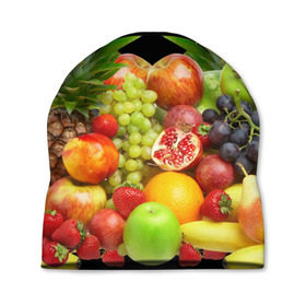 Шапка 3D с принтом Фрукты в Курске, 100% полиэстер | универсальный размер, печать по всей поверхности изделия | ананас | апельсин | арбуз | банан | виноград | гранат | груша | клубника | фрукты | яблоко | ягоды