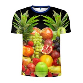 Мужская футболка 3D спортивная с принтом Фрукты в Курске, 100% полиэстер с улучшенными характеристиками | приталенный силуэт, круглая горловина, широкие плечи, сужается к линии бедра | Тематика изображения на принте: ананас | апельсин | арбуз | банан | виноград | гранат | груша | клубника | фрукты | яблоко | ягоды