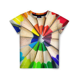 Детская футболка 3D с принтом Карандаши в Курске, 100% гипоаллергенный полиэфир | прямой крой, круглый вырез горловины, длина до линии бедер, чуть спущенное плечо, ткань немного тянется | Тематика изображения на принте: карандаш | радуга | разноцветная | цветная