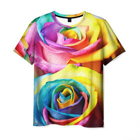 Мужская футболка 3D с принтом Радужная роза в Курске, 100% полиэфир | прямой крой, круглый вырез горловины, длина до линии бедер | Тематика изображения на принте: бутон | лепестки | радуга | радужная роза | спектр | цвет | цветные | яркий