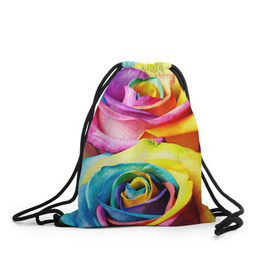 Рюкзак-мешок 3D с принтом Радужная роза в Курске, 100% полиэстер | плотность ткани — 200 г/м2, размер — 35 х 45 см; лямки — толстые шнурки, застежка на шнуровке, без карманов и подкладки | бутон | лепестки | радуга | радужная роза | спектр | цвет | цветные | яркий