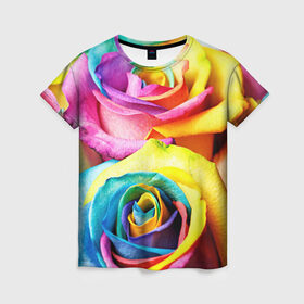 Женская футболка 3D с принтом Радужная роза в Курске, 100% полиэфир ( синтетическое хлопкоподобное полотно) | прямой крой, круглый вырез горловины, длина до линии бедер | бутон | лепестки | радуга | радужная роза | спектр | цвет | цветные | яркий