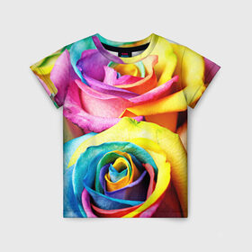 Детская футболка 3D с принтом Радужная роза в Курске, 100% гипоаллергенный полиэфир | прямой крой, круглый вырез горловины, длина до линии бедер, чуть спущенное плечо, ткань немного тянется | Тематика изображения на принте: бутон | лепестки | радуга | радужная роза | спектр | цвет | цветные | яркий