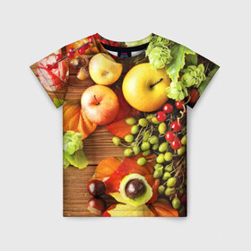 Детская футболка 3D с принтом Фрукты в Курске, 100% гипоаллергенный полиэфир | прямой крой, круглый вырез горловины, длина до линии бедер, чуть спущенное плечо, ткань немного тянется | зелень | натюрморт | плоды | фрукты | яблоки | ягоды