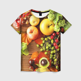 Женская футболка 3D с принтом Фрукты в Курске, 100% полиэфир ( синтетическое хлопкоподобное полотно) | прямой крой, круглый вырез горловины, длина до линии бедер | зелень | натюрморт | плоды | фрукты | яблоки | ягоды