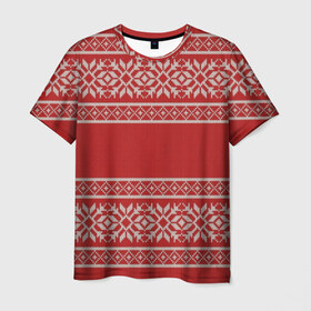Мужская футболка 3D с принтом Вязанный принт в Курске, 100% полиэфир | прямой крой, круглый вырез горловины, длина до линии бедер | вышивка | красная | свитер | узор