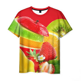 Мужская футболка 3D с принтом Фрукты в Курске, 100% полиэфир | прямой крой, круглый вырез горловины, длина до линии бедер | Тематика изображения на принте: fresh | апедьсин | киви | клубника | пузыри | сок | фреш | фрукты | яблоко | ягоды