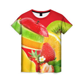 Женская футболка 3D с принтом Фрукты в Курске, 100% полиэфир ( синтетическое хлопкоподобное полотно) | прямой крой, круглый вырез горловины, длина до линии бедер | fresh | апедьсин | киви | клубника | пузыри | сок | фреш | фрукты | яблоко | ягоды
