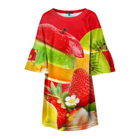 Детское платье 3D с принтом Фрукты в Курске, 100% полиэстер | прямой силуэт, чуть расширенный к низу. Круглая горловина, на рукавах — воланы | fresh | апедьсин | киви | клубника | пузыри | сок | фреш | фрукты | яблоко | ягоды