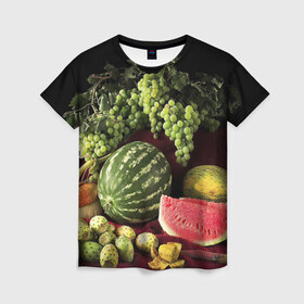 Женская футболка 3D с принтом Арбуз в Курске, 100% полиэфир ( синтетическое хлопкоподобное полотно) | прямой крой, круглый вырез горловины, длина до линии бедер | арбуз | виноград | каштан | натюрморт | плоды | ягоды