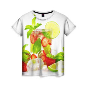 Женская футболка 3D с принтом Фреш в Курске, 100% полиэфир ( синтетическое хлопкоподобное полотно) | прямой крой, круглый вырез горловины, длина до линии бедер | fresh | клубника | лимон | мята | стакан | фреш