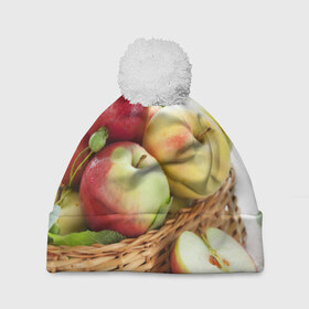 Шапка 3D c помпоном с принтом Яблоки в Курске, 100% полиэстер | универсальный размер, печать по всей поверхности изделия | корзина | красные | яблоки