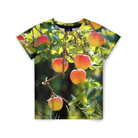 Детская футболка 3D с принтом Яблоки в Курске, 100% гипоаллергенный полиэфир | прямой крой, круглый вырез горловины, длина до линии бедер, чуть спущенное плечо, ткань немного тянется | дерево | зелень | красные | сад