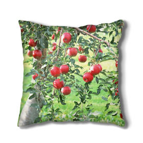 Подушка 3D с принтом Яблоки в Курске, наволочка – 100% полиэстер, наполнитель – холлофайбер (легкий наполнитель, не вызывает аллергию). | состоит из подушки и наволочки. Наволочка на молнии, легко снимается для стирки | дерево | зелень | красные | сад | яблоки