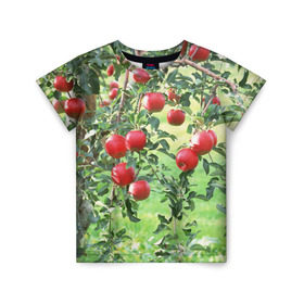 Детская футболка 3D с принтом Яблоки в Курске, 100% гипоаллергенный полиэфир | прямой крой, круглый вырез горловины, длина до линии бедер, чуть спущенное плечо, ткань немного тянется | дерево | зелень | красные | сад | яблоки