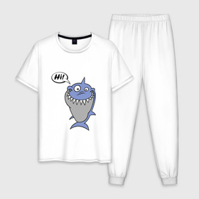 Мужская пижама хлопок с принтом Акула в Курске, 100% хлопок | брюки и футболка прямого кроя, без карманов, на брюках мягкая резинка на поясе и по низу штанин
 | hi | shark | привет