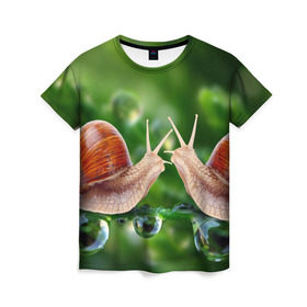 Женская футболка 3D с принтом Улитки в Курске, 100% полиэфир ( синтетическое хлопкоподобное полотно) | прямой крой, круглый вырез горловины, длина до линии бедер | зеленая | любовь | природа | улитка