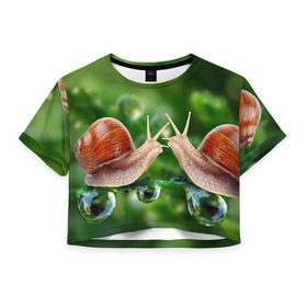 Женская футболка 3D укороченная с принтом Улитки в Курске, 100% полиэстер | круглая горловина, длина футболки до линии талии, рукава с отворотами | зеленая | любовь | природа | улитка