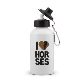 Бутылка спортивная с принтом I love horses в Курске, металл | емкость — 500 мл, в комплекте две пластиковые крышки и карабин для крепления | Тематика изображения на принте: horse | кони | конный спорт | лошадь | я люблю
