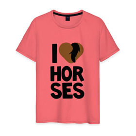 Мужская футболка хлопок с принтом I love horses в Курске, 100% хлопок | прямой крой, круглый вырез горловины, длина до линии бедер, слегка спущенное плечо. | Тематика изображения на принте: horse | кони | конный спорт | лошадь | я люблю